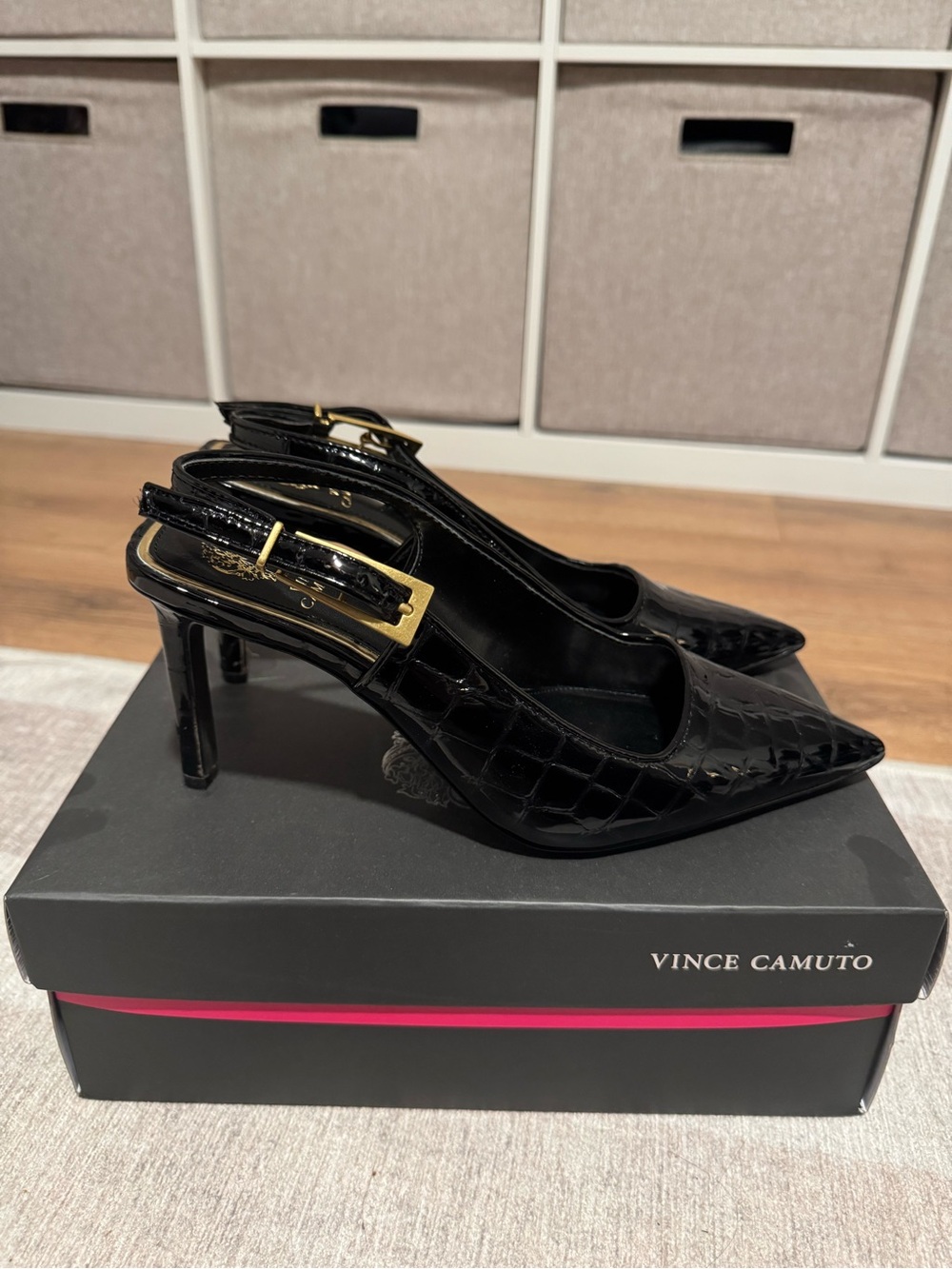 Vince Camuto Black Patent Croc-Embossed Slingback Heels with Gold Buckle